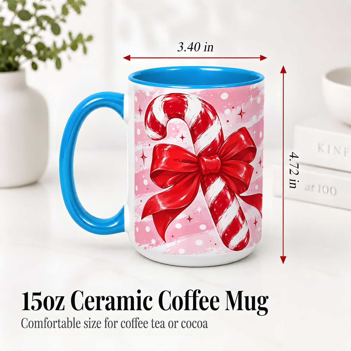 #pl[15oz|Blue] Candy Cane Bow Ceramic Mug, Red Pink Christmas Holiday Artwork