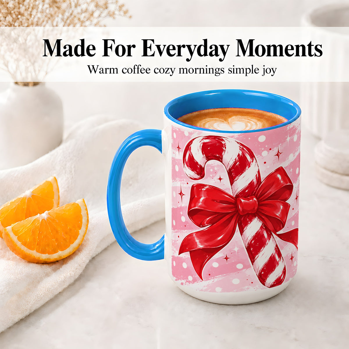#pl[15oz|Blue] Candy Cane Bow Ceramic Mug, Red Pink Christmas Holiday Artwork