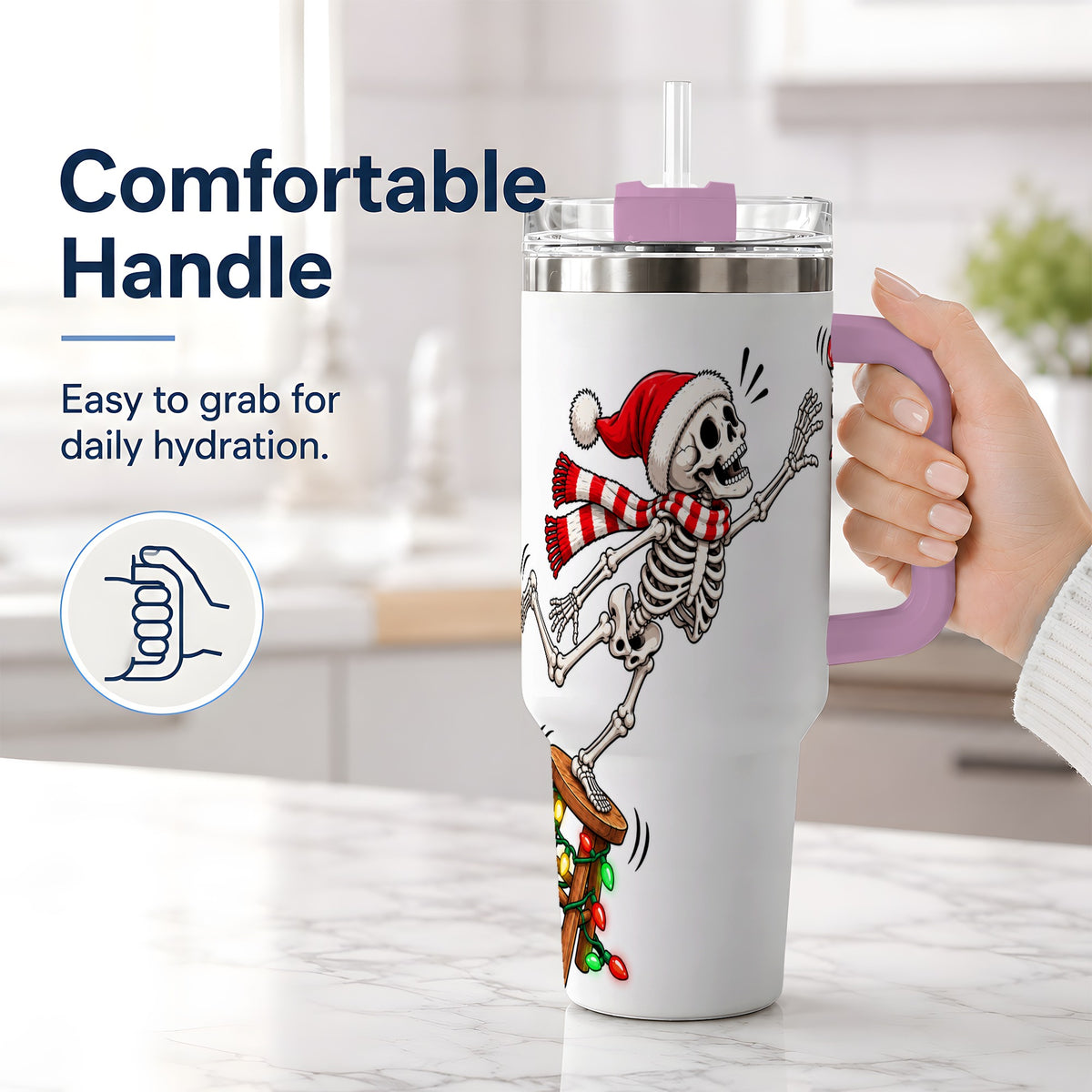 #pl[40oz|Pink] Christmas Skeleton 40oz Tumbler, Stainless Steel Santa Holiday Artwork