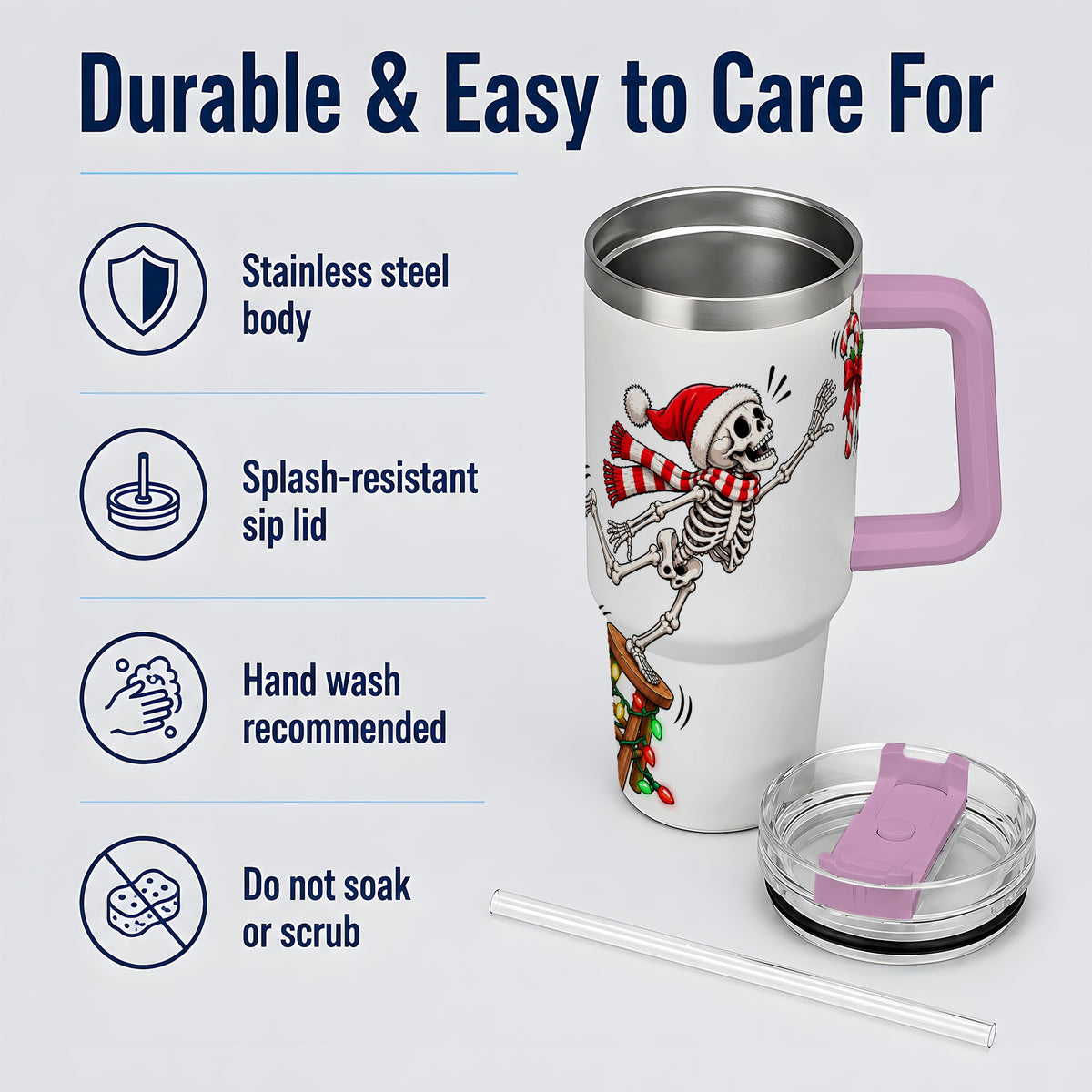 #pl[40oz|Pink] Christmas Skeleton 40oz Tumbler, Stainless Steel Santa Holiday Artwork