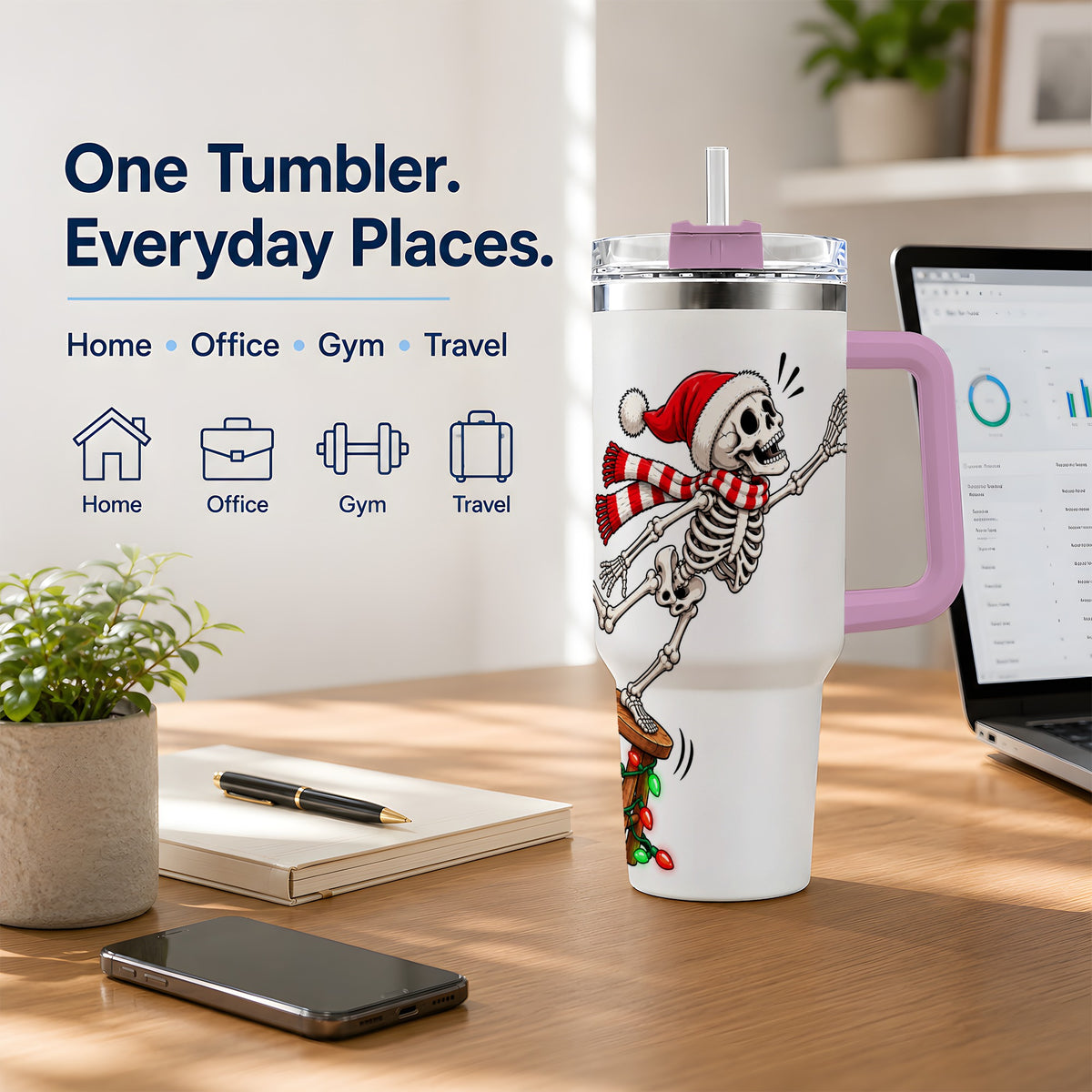 #pl[40oz|Pink] Christmas Skeleton 40oz Tumbler, Stainless Steel Santa Holiday Artwork