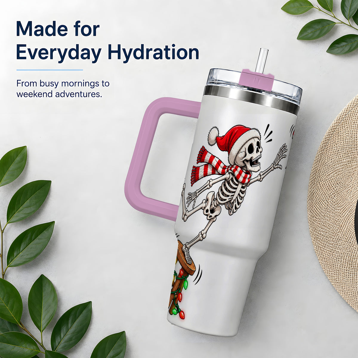 #pl[40oz|Pink] Christmas Skeleton 40oz Tumbler, Stainless Steel Santa Holiday Artwork