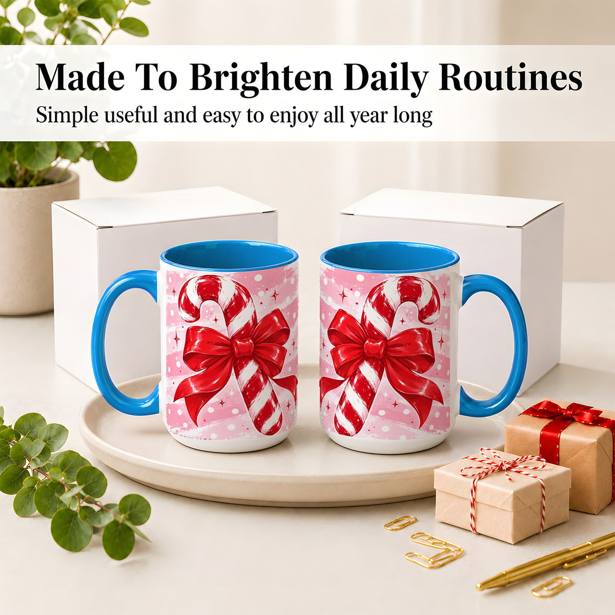 #pl[15oz|Blue] Candy Cane Bow Ceramic Mug, Red Pink Christmas Holiday Artwork