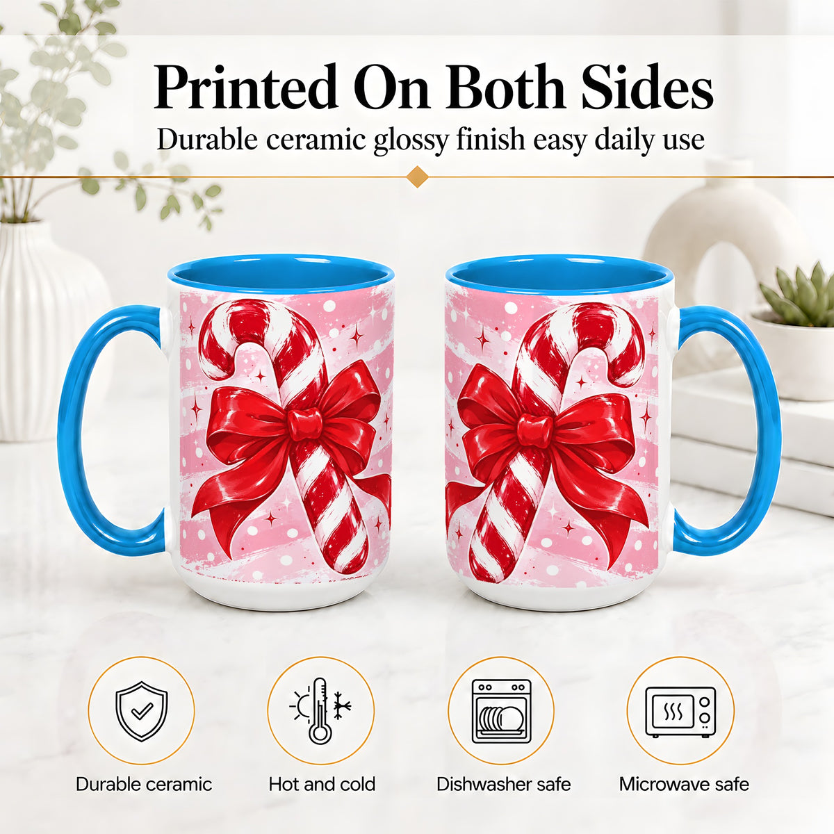 #pl[15oz|Blue] Candy Cane Bow Ceramic Mug, Red Pink Christmas Holiday Artwork