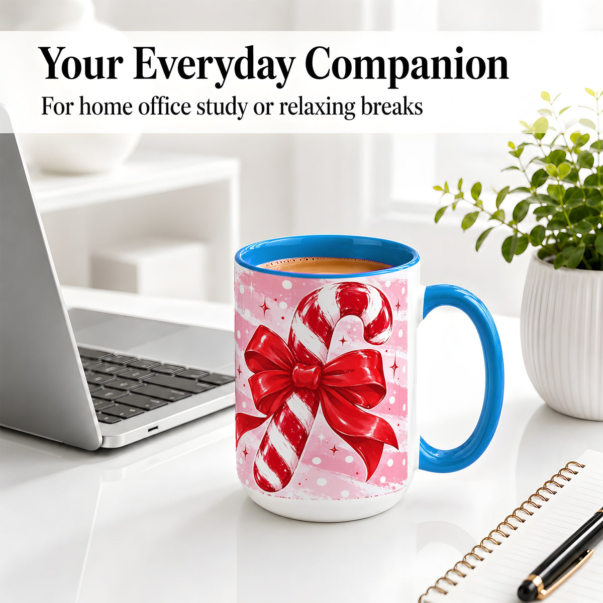 #pl[15oz|Blue] Candy Cane Bow Ceramic Mug, Red Pink Christmas Holiday Artwork