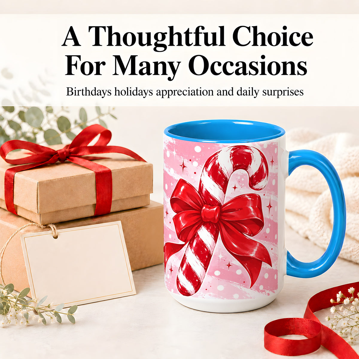 #pl[15oz|Blue] Candy Cane Bow Ceramic Mug, Red Pink Christmas Holiday Artwork