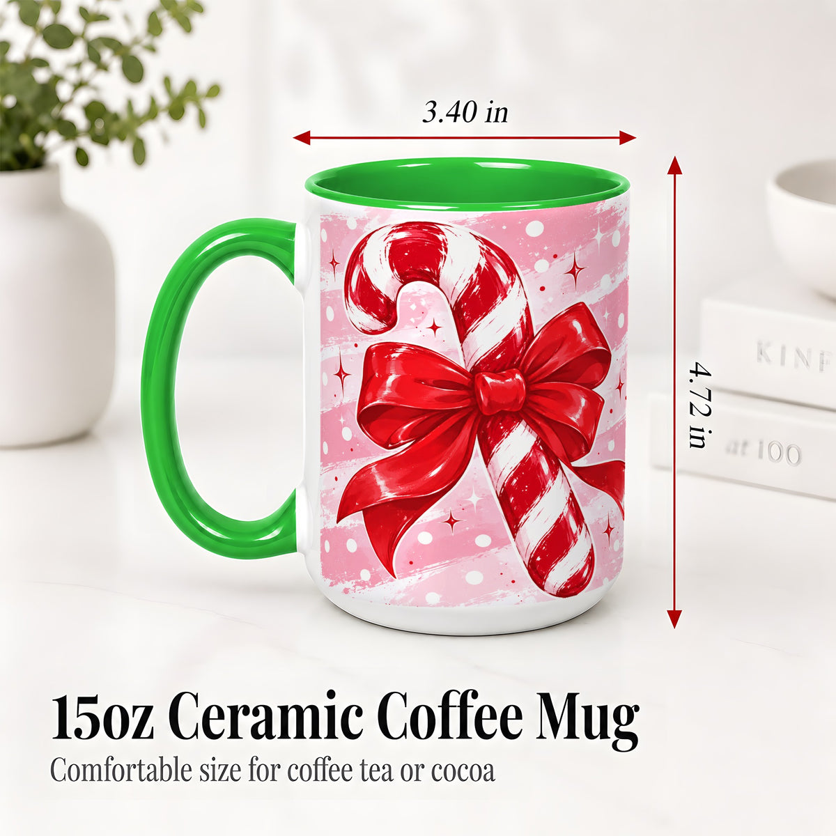 #pl[15oz|Green] Candy Cane Bow Ceramic Mug, Red Pink Christmas Holiday Artwork