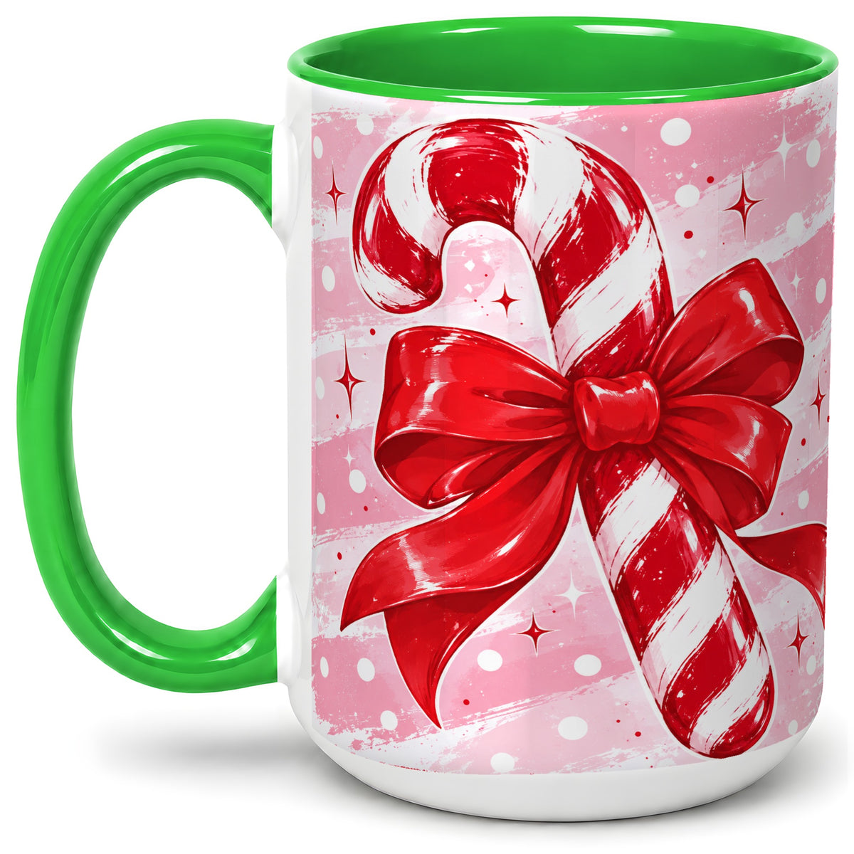 #pl[15oz|Green] Candy Cane Bow Ceramic Mug, Red Pink Christmas Holiday Artwork