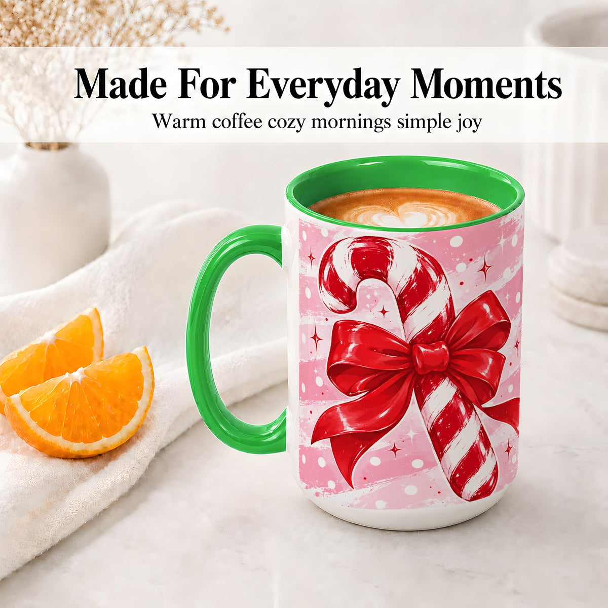 #pl[15oz|Green] Candy Cane Bow Ceramic Mug, Red Pink Christmas Holiday Artwork