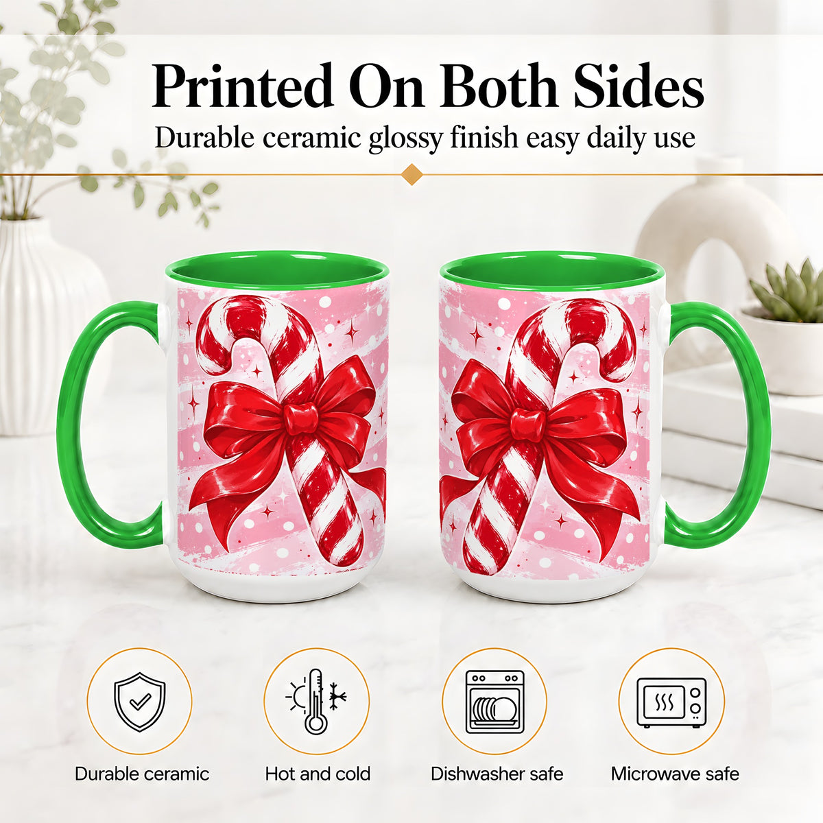 #pl[15oz|Green] Candy Cane Bow Ceramic Mug, Red Pink Christmas Holiday Artwork