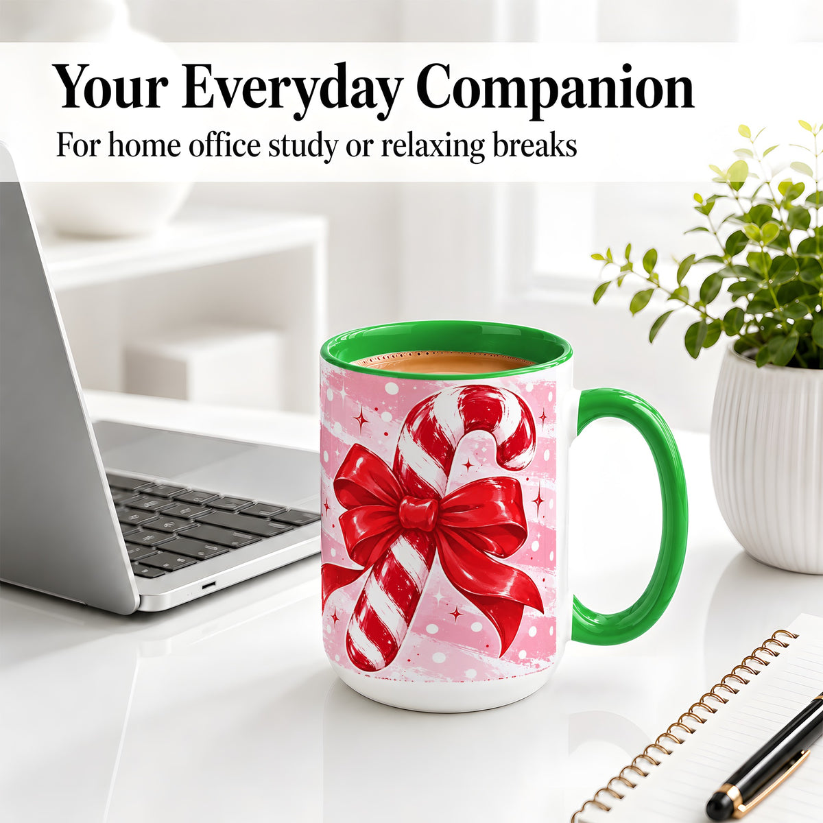 #pl[15oz|Green] Candy Cane Bow Ceramic Mug, Red Pink Christmas Holiday Artwork