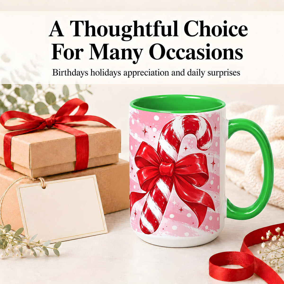 #pl[15oz|Green] Candy Cane Bow Ceramic Mug, Red Pink Christmas Holiday Artwork