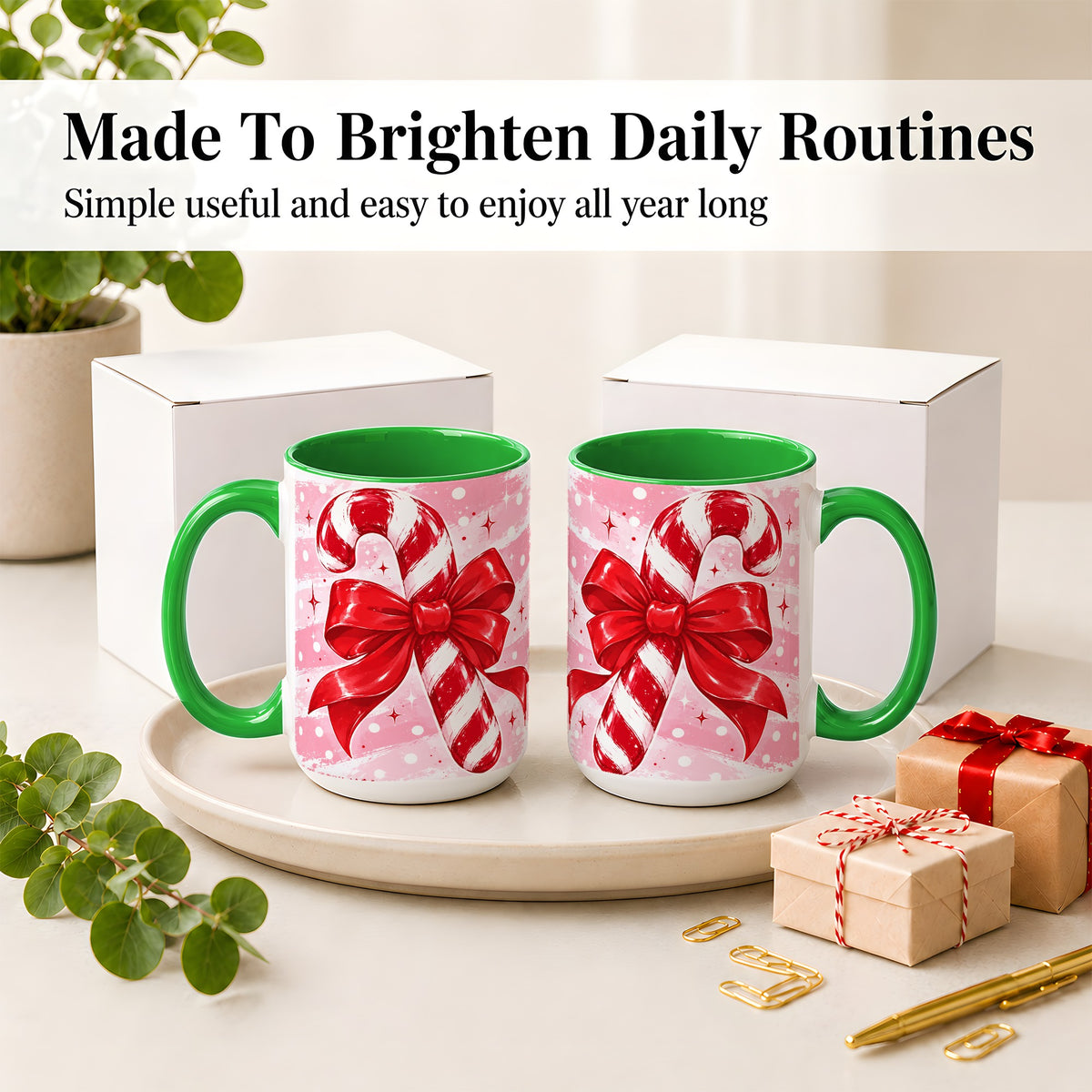 #pl[15oz|Green] Candy Cane Bow Ceramic Mug, Red Pink Christmas Holiday Artwork