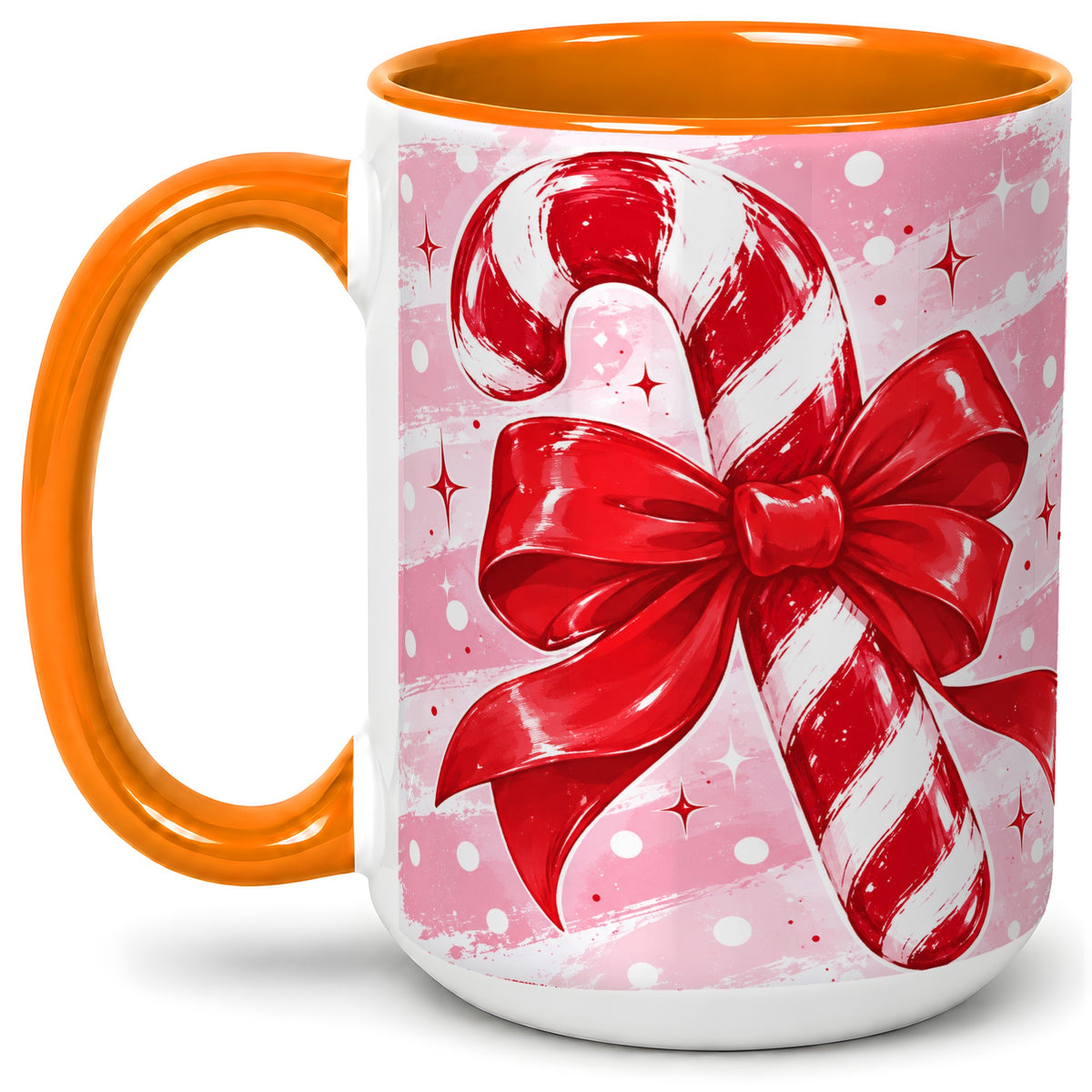#pl[15oz|Orange] Candy Cane Bow Ceramic Mug, Red Pink Christmas Holiday Artwork