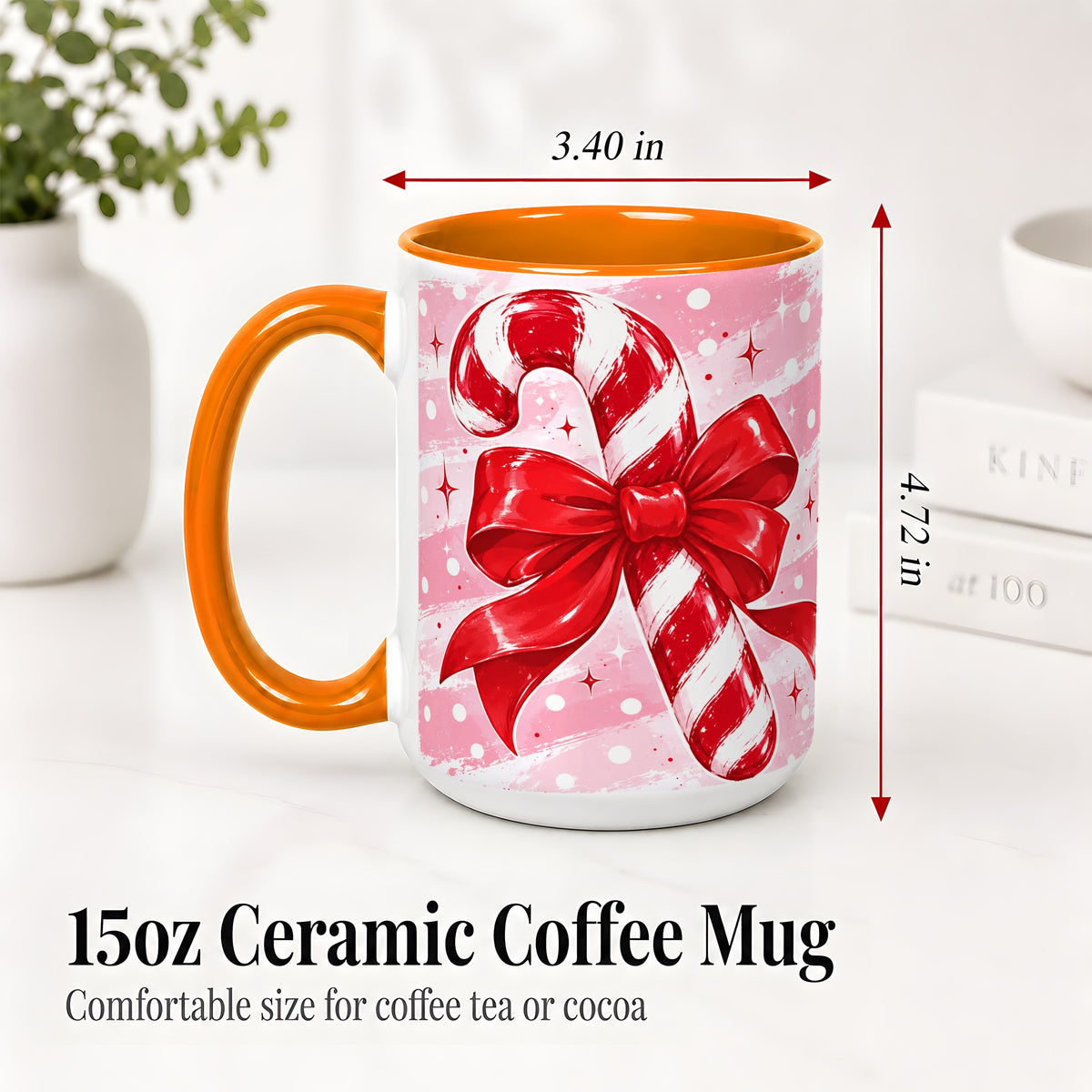 #pl[15oz|Orange] Candy Cane Bow Ceramic Mug, Red Pink Christmas Holiday Artwork