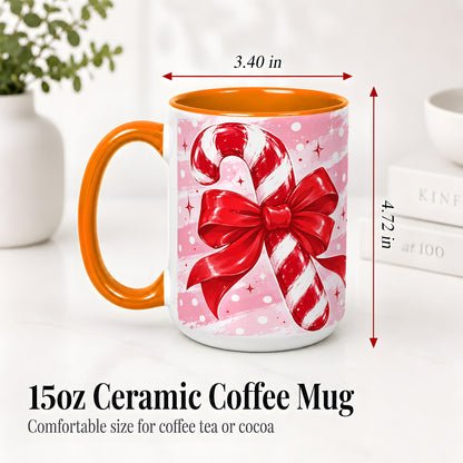 #pl[15oz|Orange] Candy Cane Bow Ceramic Mug, Red Pink Christmas Holiday Artwork