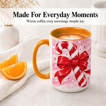 #pl[15oz|Orange] Candy Cane Bow Ceramic Mug, Red Pink Christmas Holiday Artwork