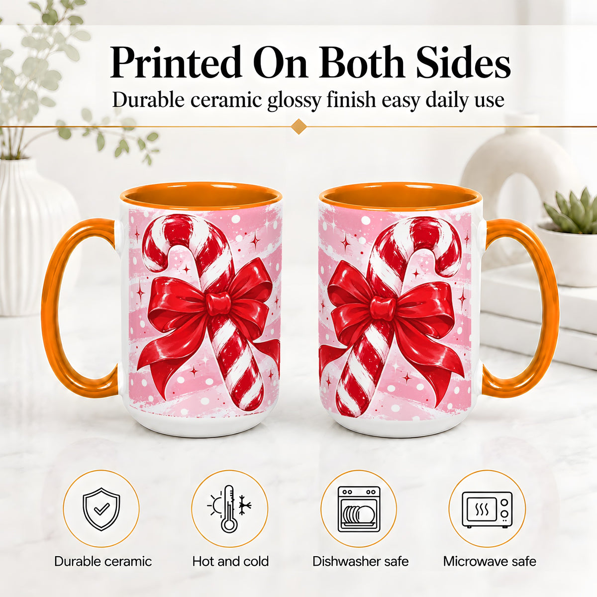 #pl[15oz|Orange] Candy Cane Bow Ceramic Mug, Red Pink Christmas Holiday Artwork