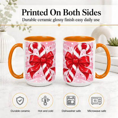 #pl[15oz|Orange] Candy Cane Bow Ceramic Mug, Red Pink Christmas Holiday Artwork