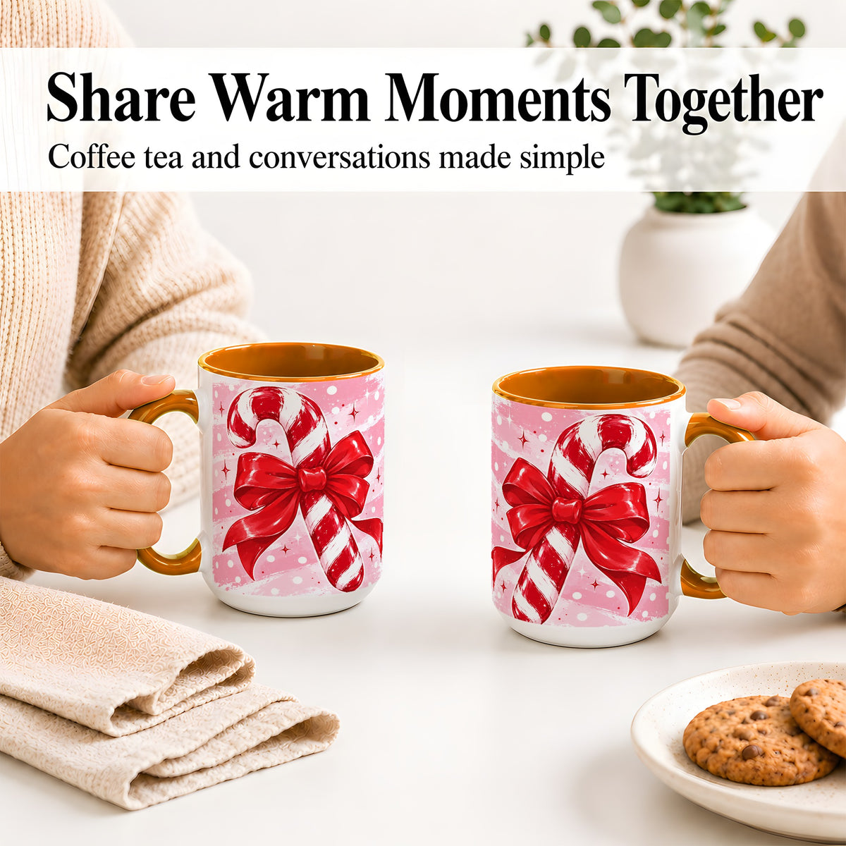 #pl[15oz|Orange] Candy Cane Bow Ceramic Mug, Red Pink Christmas Holiday Artwork