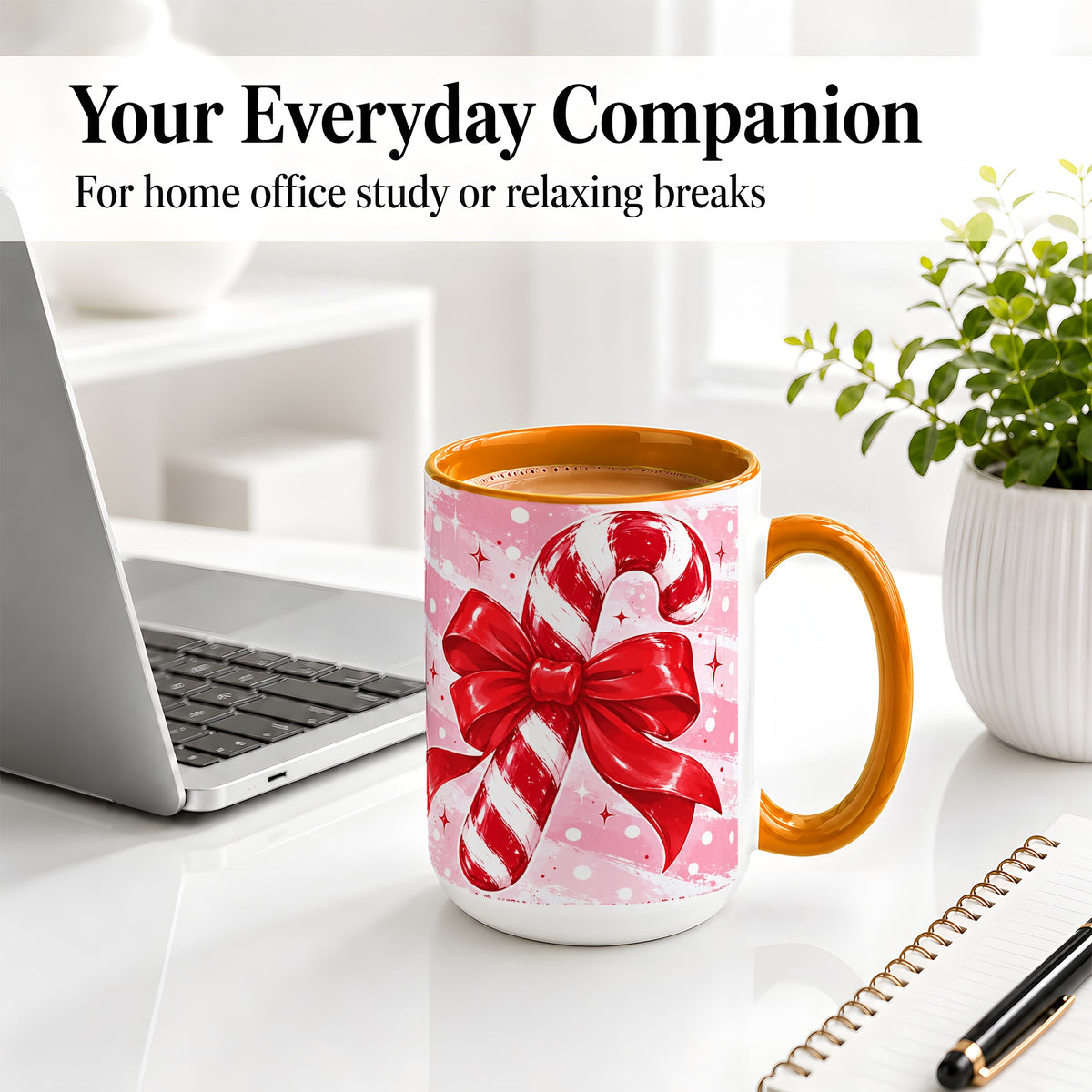 #pl[15oz|Orange] Candy Cane Bow Ceramic Mug, Red Pink Christmas Holiday Artwork