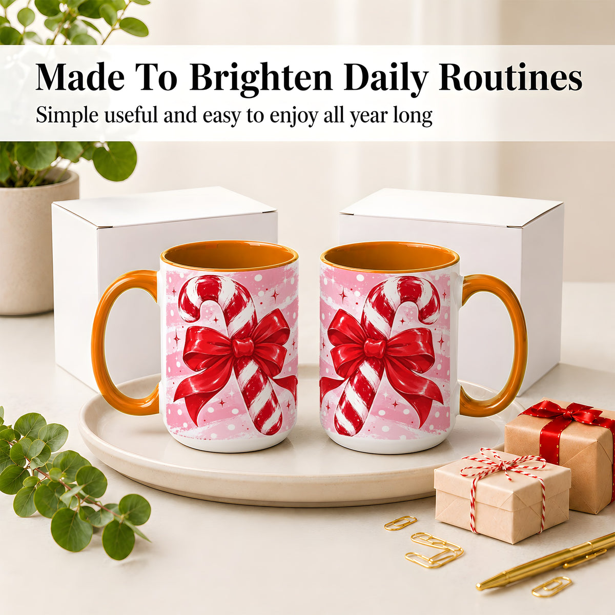 #pl[15oz|Orange] Candy Cane Bow Ceramic Mug, Red Pink Christmas Holiday Artwork