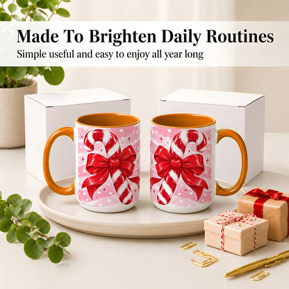 #pl[15oz|Orange] Candy Cane Bow Ceramic Mug, Red Pink Christmas Holiday Artwork