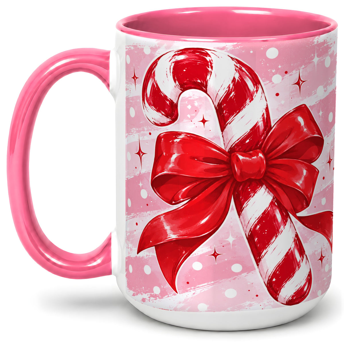 #pl[15oz|Pink] Candy Cane Bow Ceramic Mug, Red Pink Christmas Holiday Artwork