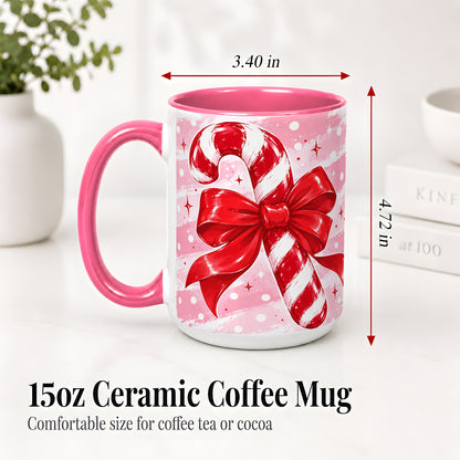 #pl[15oz|Pink] Candy Cane Bow Ceramic Mug, Red Pink Christmas Holiday Artwork