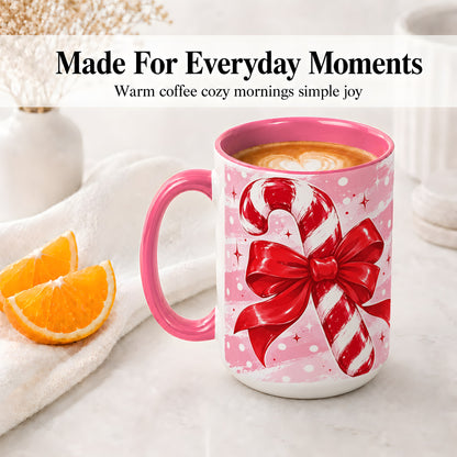 #pl[15oz|Pink] Candy Cane Bow Ceramic Mug, Red Pink Christmas Holiday Artwork