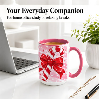 #pl[15oz|Pink] Candy Cane Bow Ceramic Mug, Red Pink Christmas Holiday Artwork