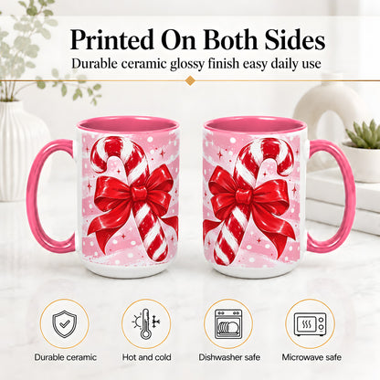 #pl[15oz|Pink] Candy Cane Bow Ceramic Mug, Red Pink Christmas Holiday Artwork