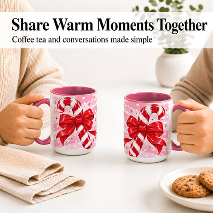 #pl[15oz|Pink] Candy Cane Bow Ceramic Mug, Red Pink Christmas Holiday Artwork