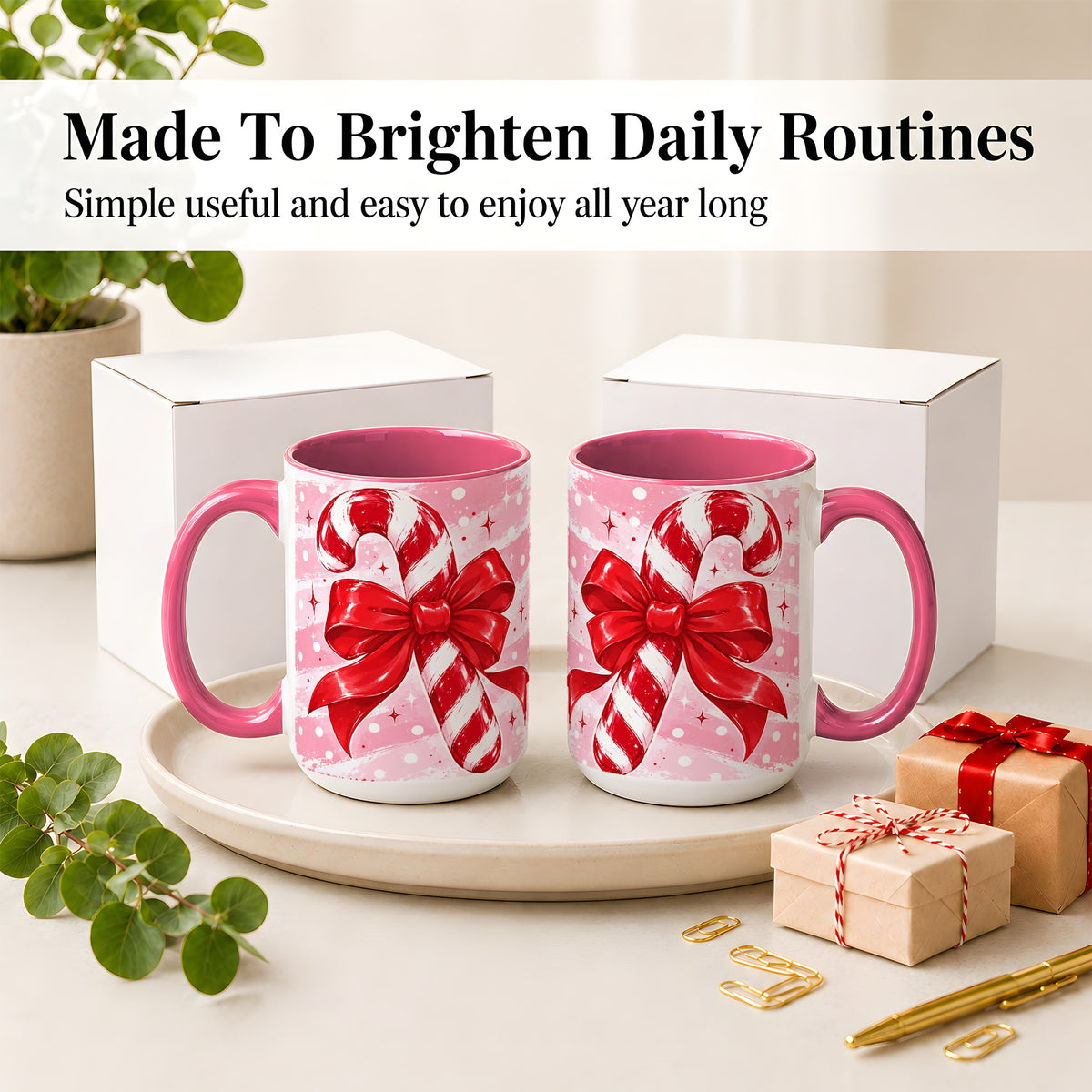 #pl[15oz|Pink] Candy Cane Bow Ceramic Mug, Red Pink Christmas Holiday Artwork