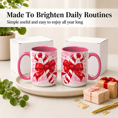 #pl[15oz|Pink] Candy Cane Bow Ceramic Mug, Red Pink Christmas Holiday Artwork