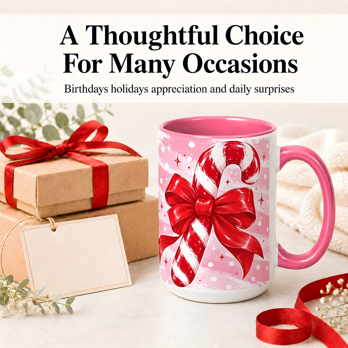 #pl[15oz|Pink] Candy Cane Bow Ceramic Mug, Red Pink Christmas Holiday Artwork