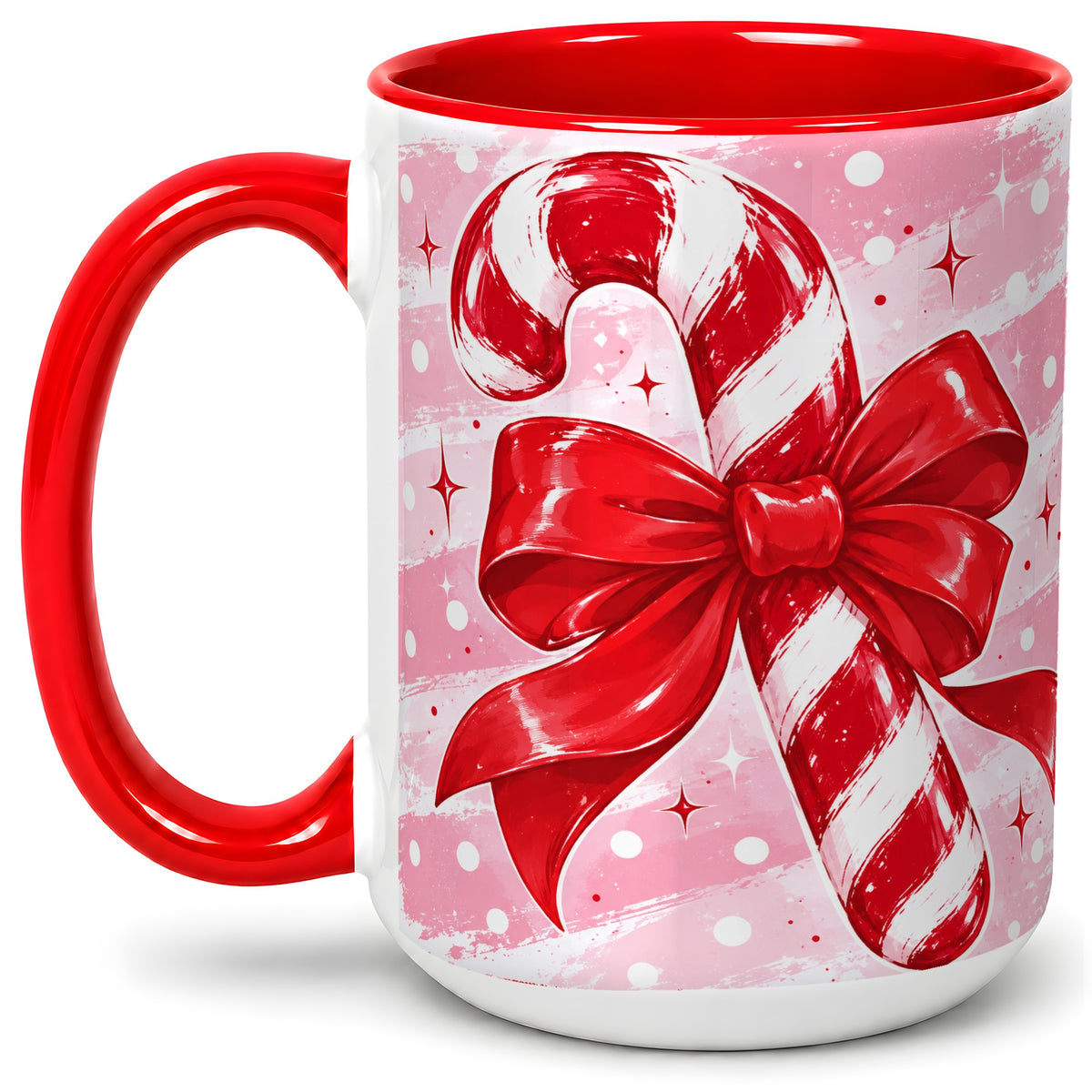 #pl[15oz|Red] Candy Cane Bow Ceramic Mug, Red Pink Christmas Holiday Artwork