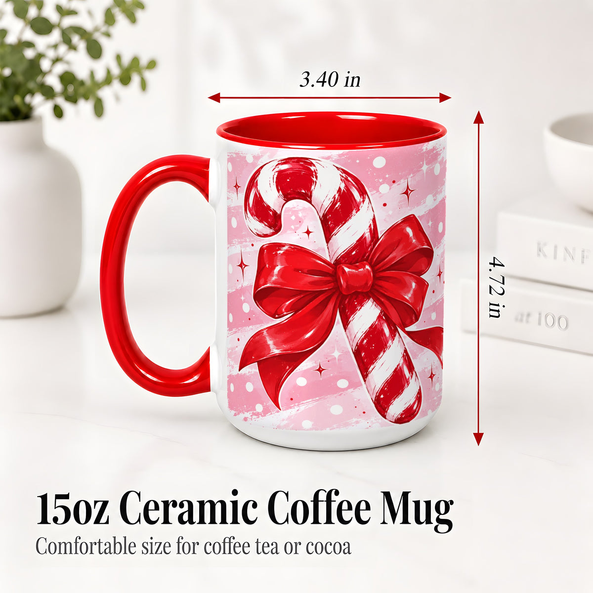 #pl[15oz|Red] Candy Cane Bow Ceramic Mug, Red Pink Christmas Holiday Artwork