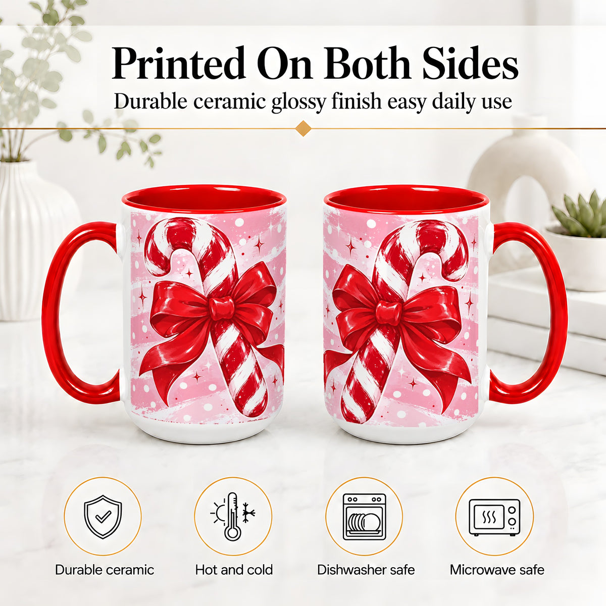#pl[15oz|Red] Candy Cane Bow Ceramic Mug, Red Pink Christmas Holiday Artwork