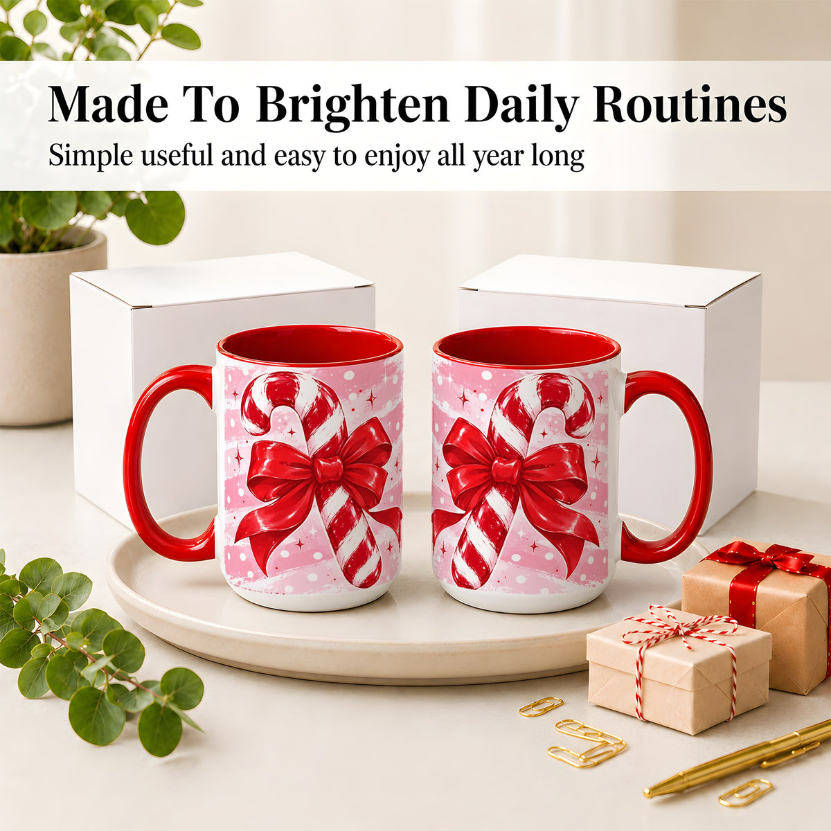 #pl[15oz|Red] Candy Cane Bow Ceramic Mug, Red Pink Christmas Holiday Artwork