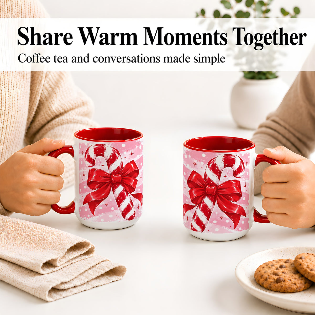 #pl[15oz|Red] Candy Cane Bow Ceramic Mug, Red Pink Christmas Holiday Artwork