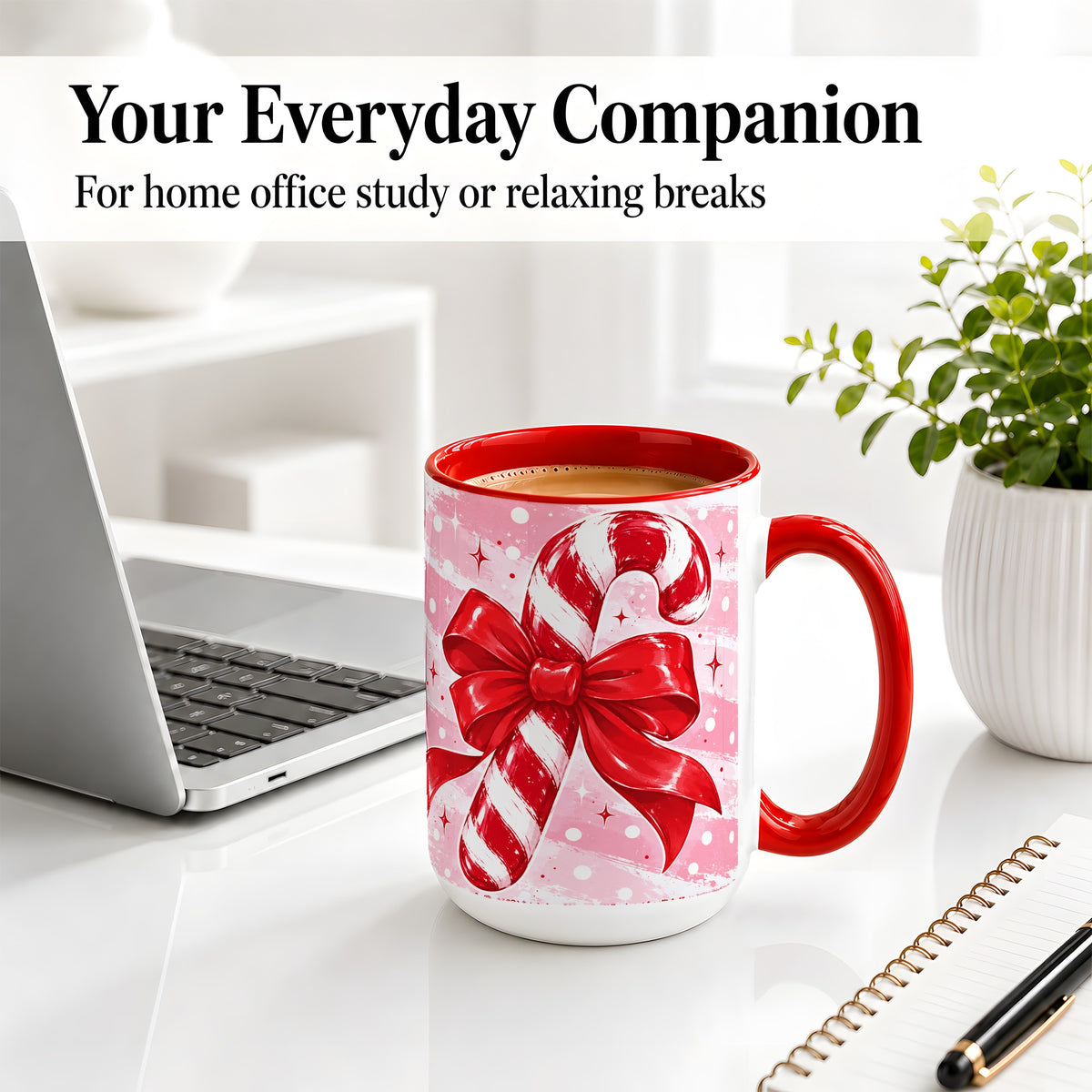#pl[15oz|Red] Candy Cane Bow Ceramic Mug, Red Pink Christmas Holiday Artwork