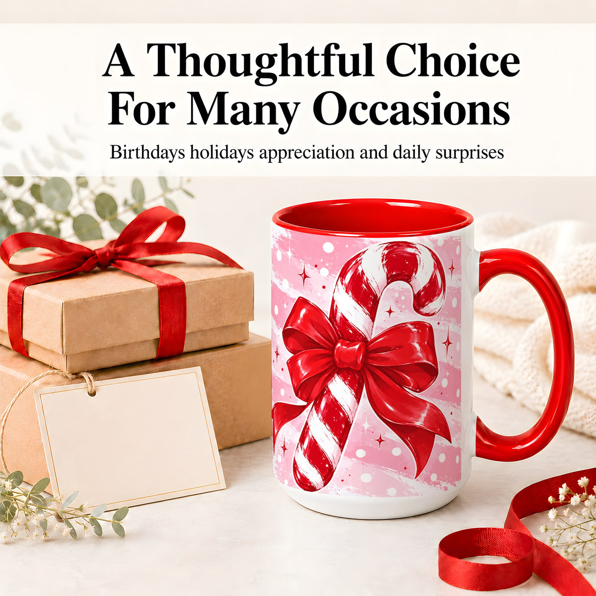 #pl[15oz|Red] Candy Cane Bow Ceramic Mug, Red Pink Christmas Holiday Artwork