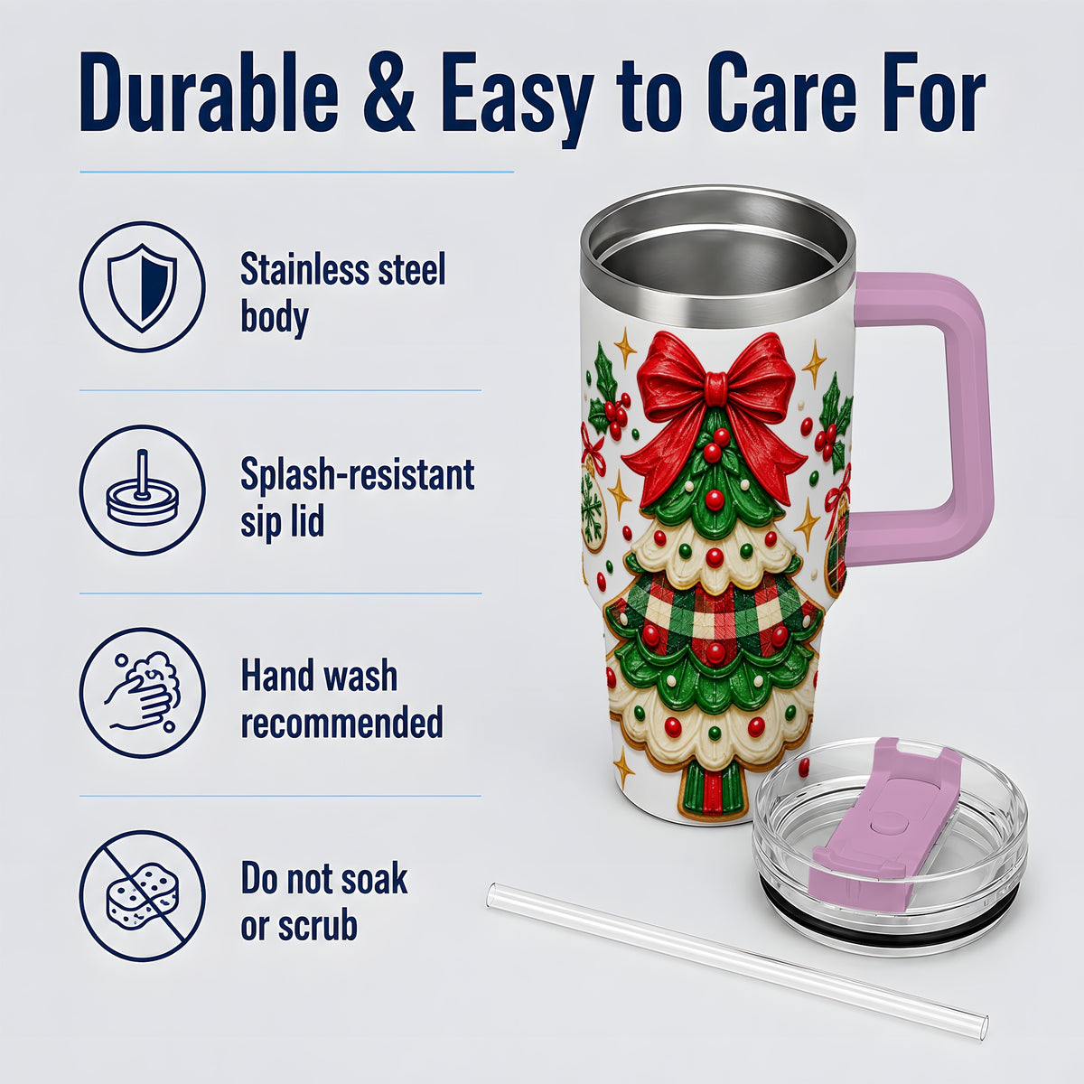 #pl[40oz|Pink] Christmas Tree Cookie 40oz Tumbler, Stainless Steel Holiday Drinkware