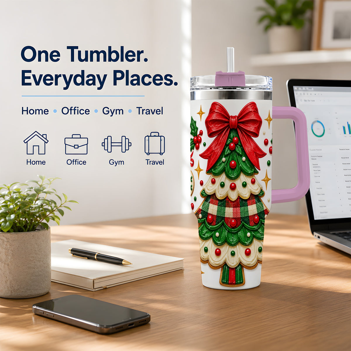 #pl[40oz|Pink] Christmas Tree Cookie 40oz Tumbler, Stainless Steel Holiday Drinkware