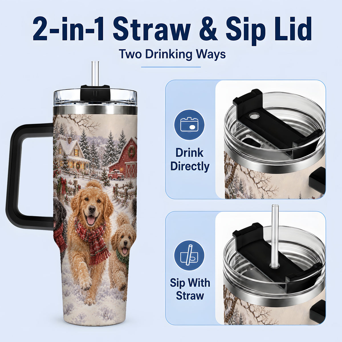 #pl[40oz|Black] Christmas Dogs 40oz Tumbler, Stainless Steel Snowy Holiday Drinkware