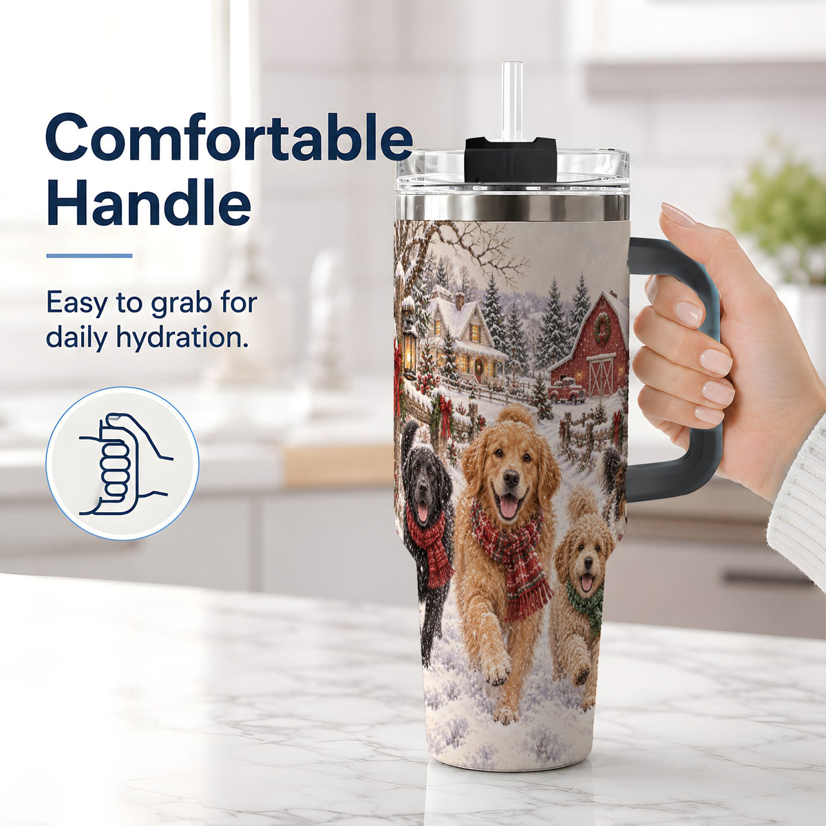 #pl[40oz|Black] Christmas Dogs 40oz Tumbler, Stainless Steel Snowy Holiday Drinkware