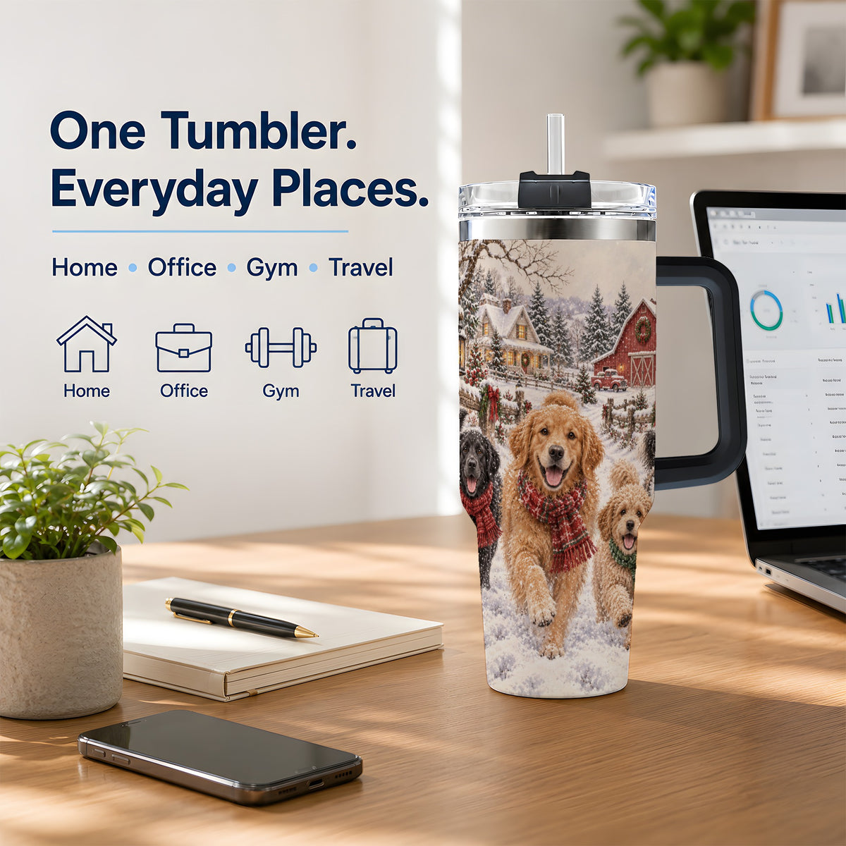 #pl[40oz|Black] Christmas Dogs 40oz Tumbler, Stainless Steel Snowy Holiday Drinkware