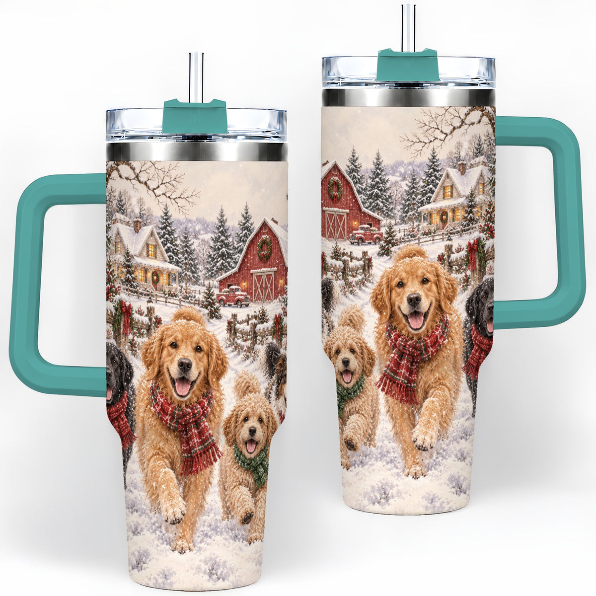 #pl[40oz|Green] Christmas Dogs 40oz Tumbler, Stainless Steel Snowy Holiday Drinkware