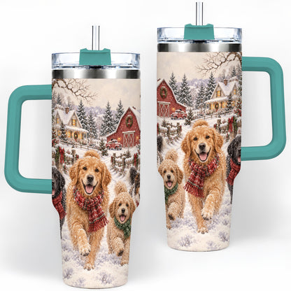 #pl[40oz|Green] Christmas Dogs 40oz Tumbler, Stainless Steel Snowy Holiday Drinkware
